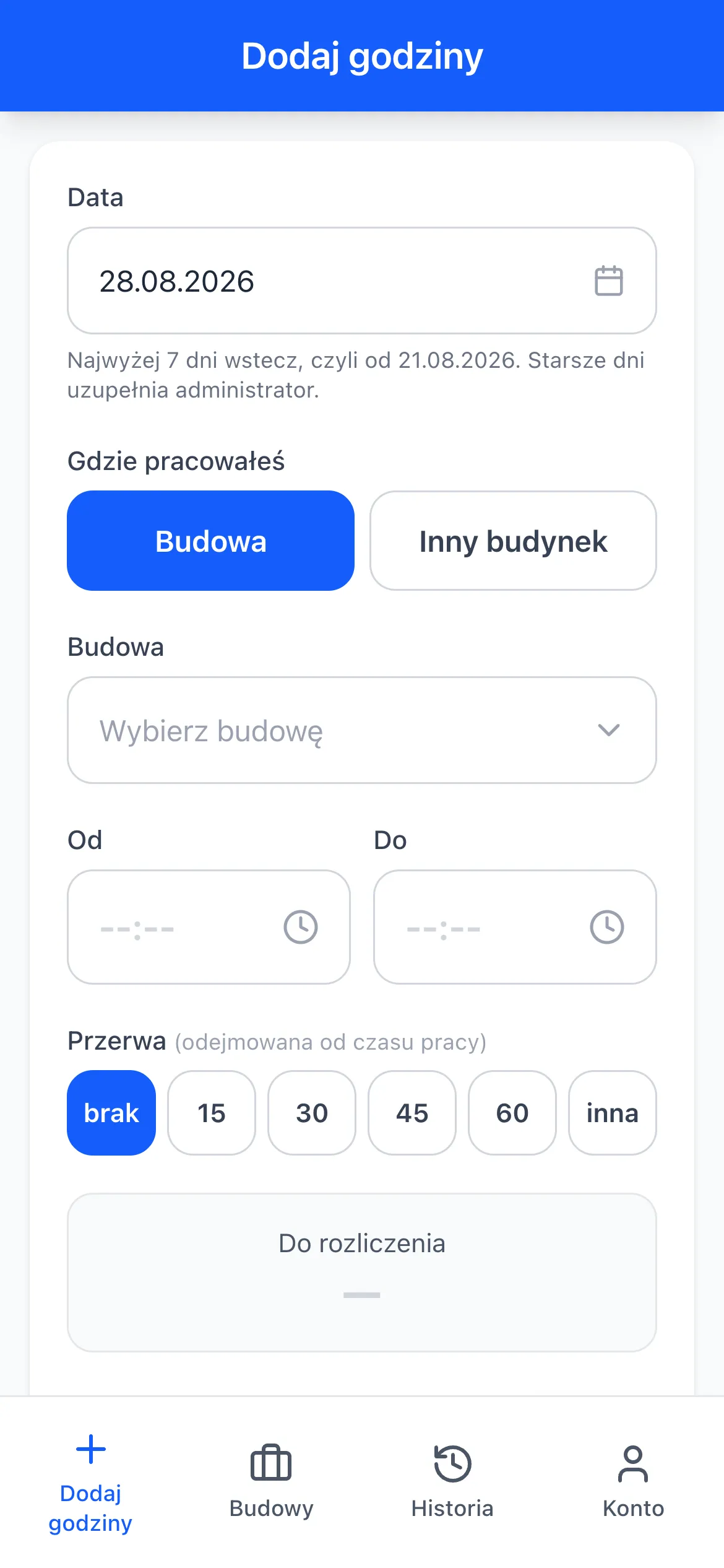 Mobilny formularz wpisywania czasu pracy w SILOXI