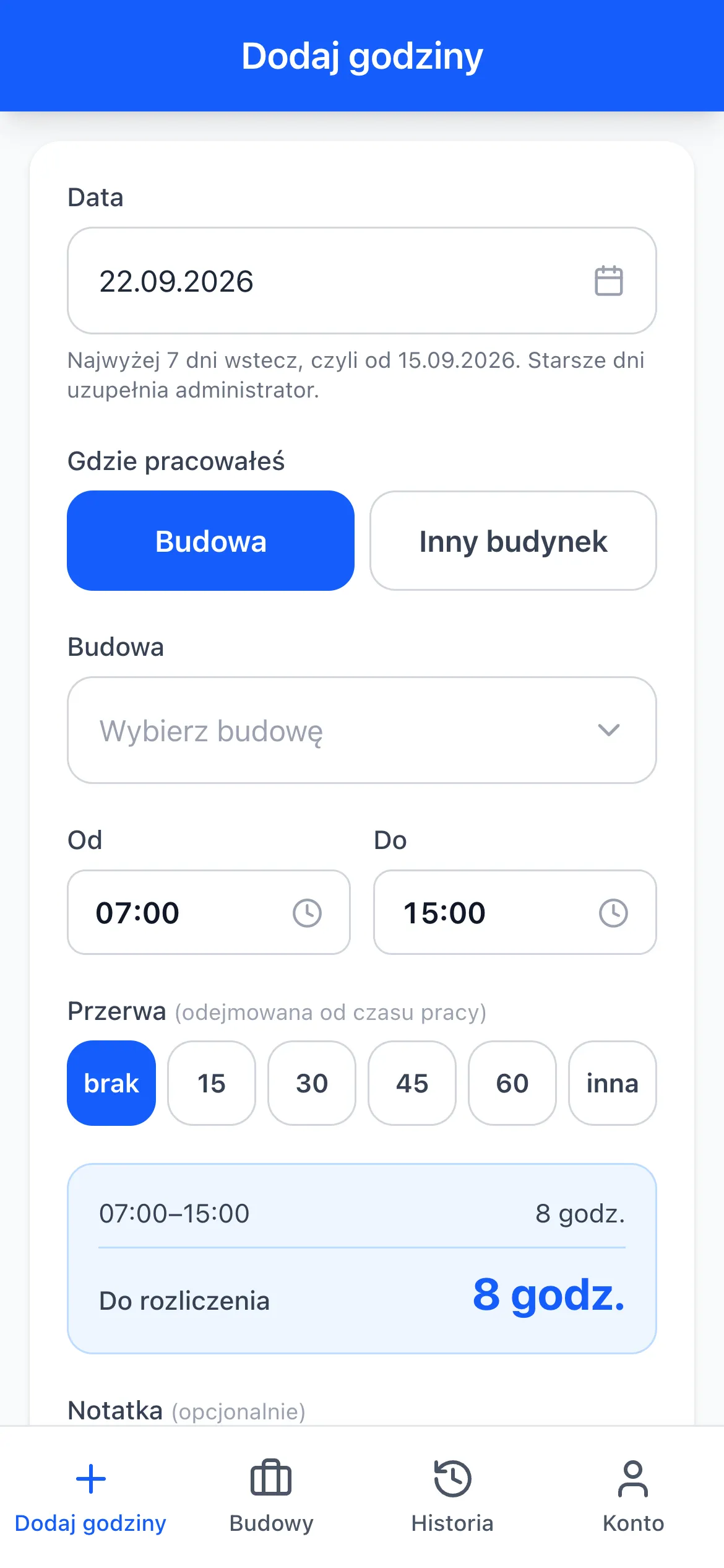 Formularz dodawania godzin w telefonie z podsumowaniem do rozliczenia