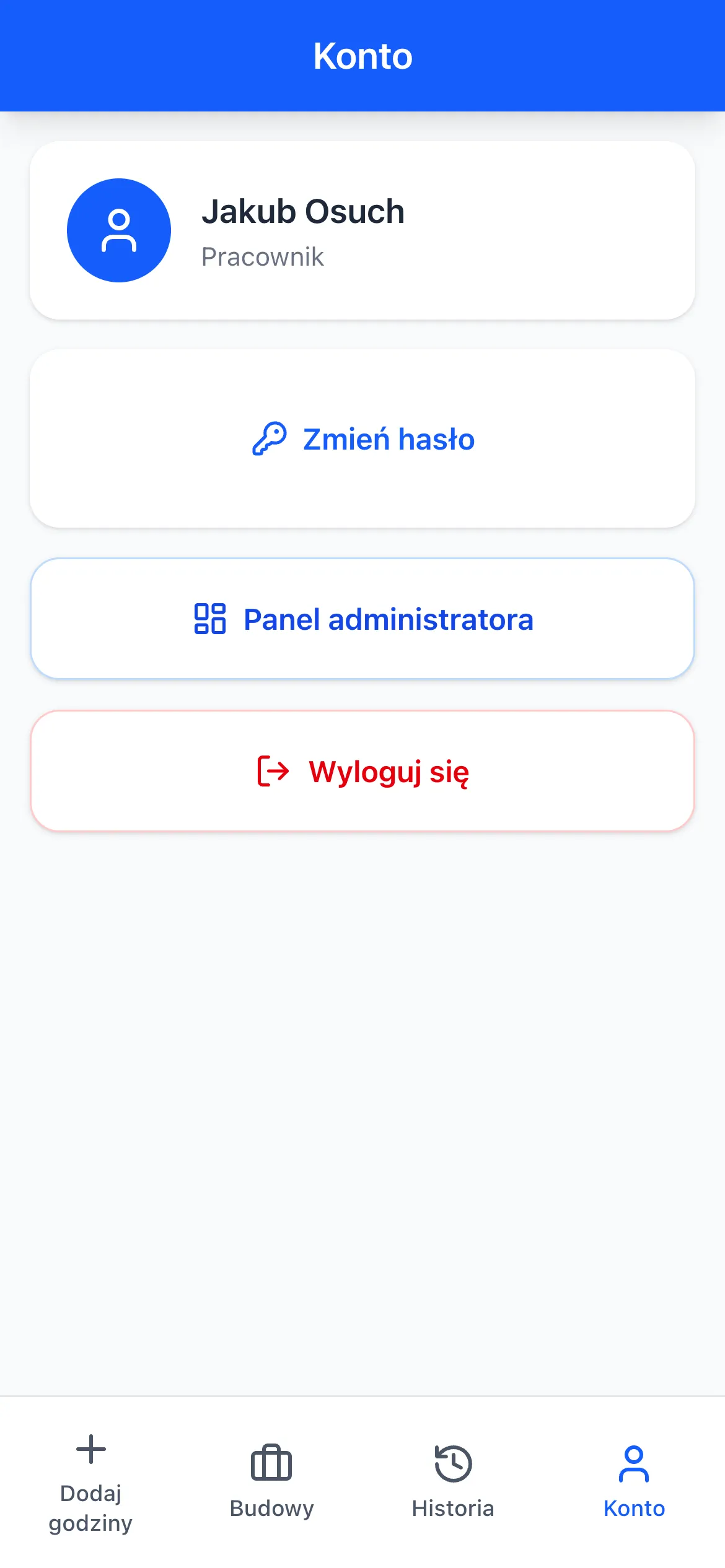 Konto pracownika z możliwością przejścia do panelu administratora